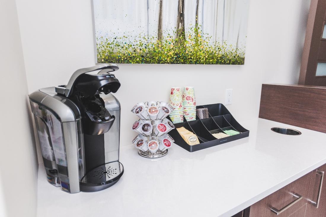 Coffee and Drinks Counter Coffee maker in waiting area | Orchards Dental